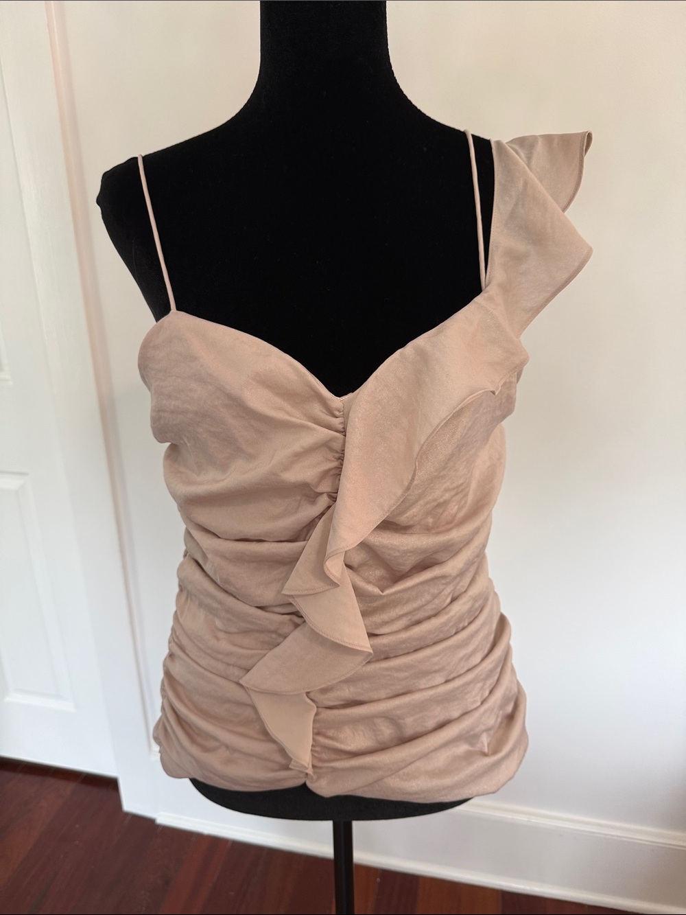 Ruched One-Shoulder Ruffle Cami in Light Beige